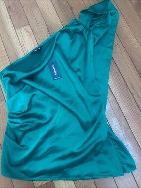 Express XS Bright Green Satin Blouse One Shoulder